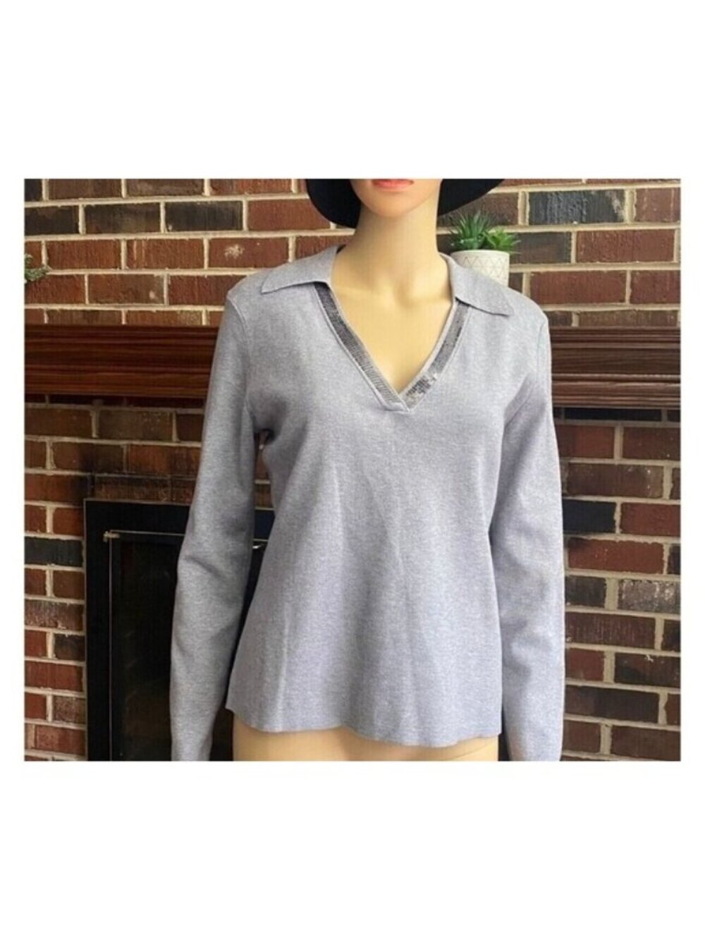 Calvin Klein Women's Shirt V-Neck Long Sleeve Sequin Collared Gray Size M New